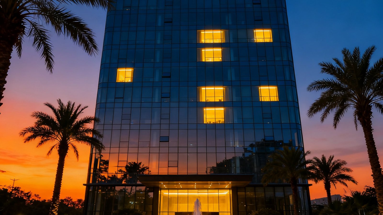 Cmp冠军广州研发中心大楼在黄昏时分的外景，现代玻璃幕墙建筑高18层，楼顶有品牌发光标识，门前绿化带环绕着棕榈树和喷泉景观，天空呈现深蓝向橙色的渐变，几扇窗户透出暖黄灯光